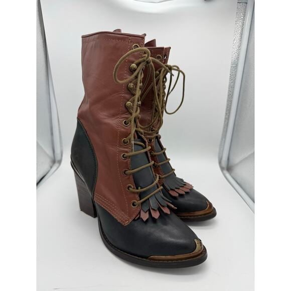 Jeffry Campbell Deadwood Lace Up Western High Heeled Boots Size 8 Brown Black - Picture 2 of 10